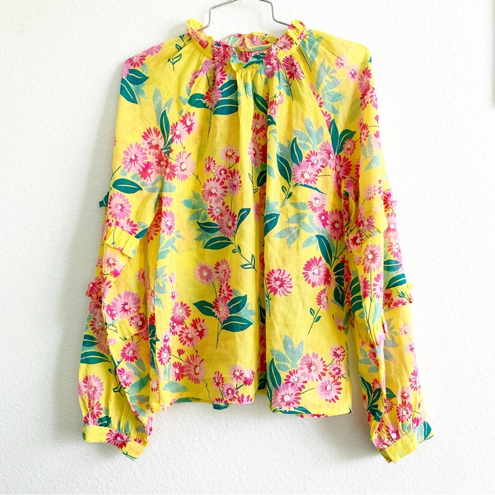BANJANAN floral long sleeve cotton blouse ruffles top yellow spring style